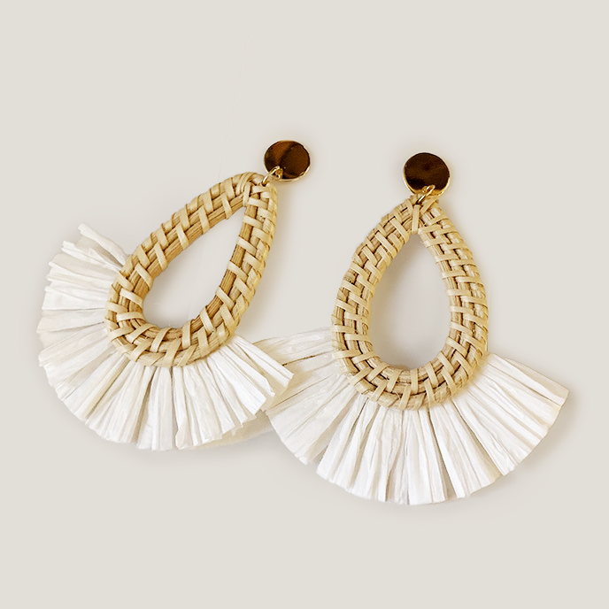 Rattan Straw Fan-Shaped Tassel Earrings