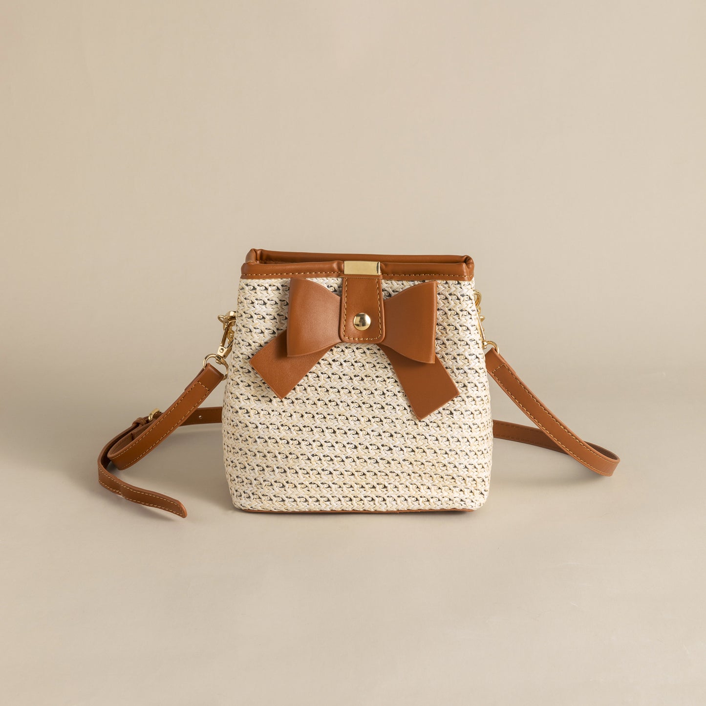 Straw Woven Bucket Bag with Bow for Women