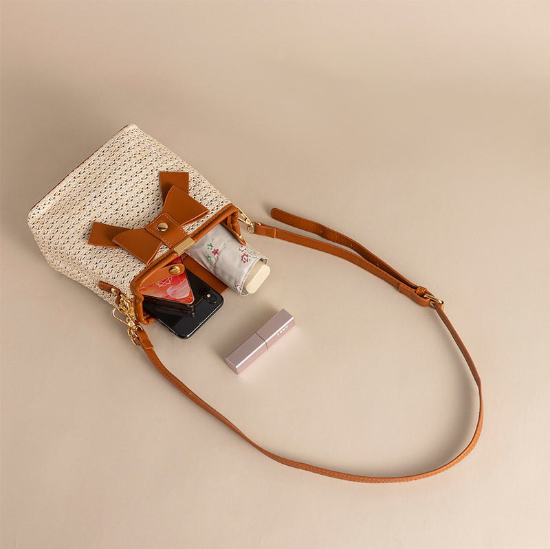 Straw Woven Bucket Bag with Bow for Women