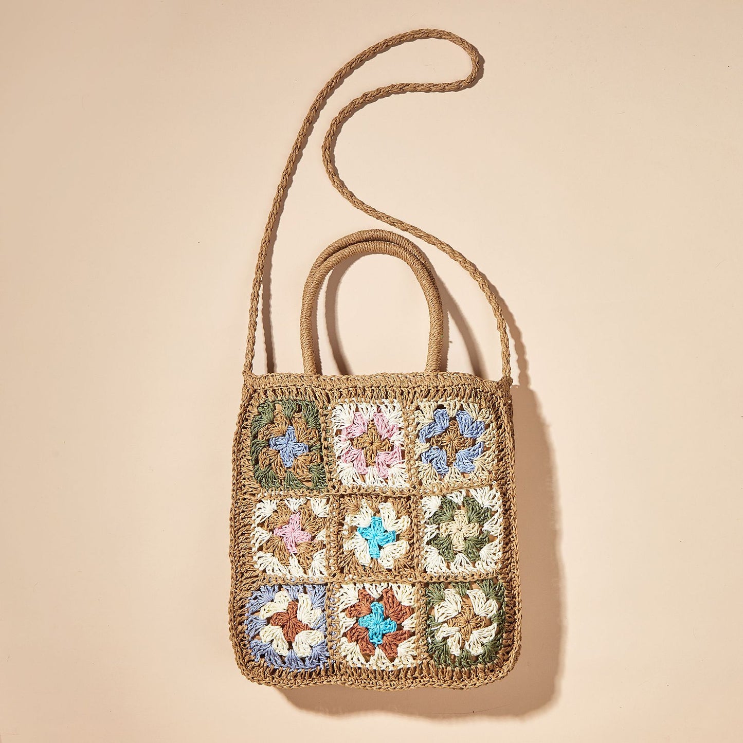 splicing woven straw shoulder handbag for women