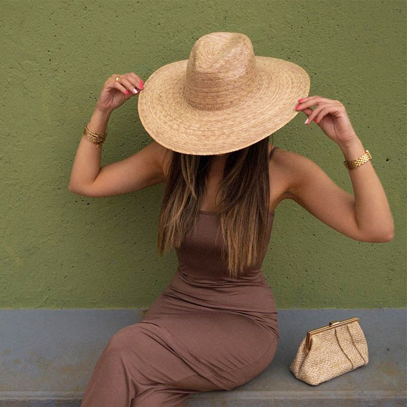 Wide-Brim Western Cowboy Hat with Wicker Weave Crown