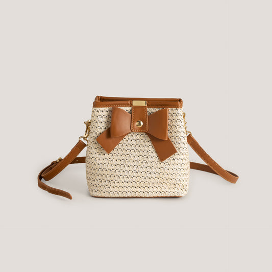 Straw Woven Bucket Bag with Bow for Women