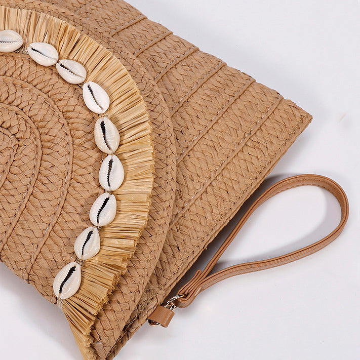 Shell-shaped Raffia Straw Clutch Envelope Bag