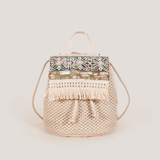 Grass Weave Tassel Sequin Mini Bucket Backpack