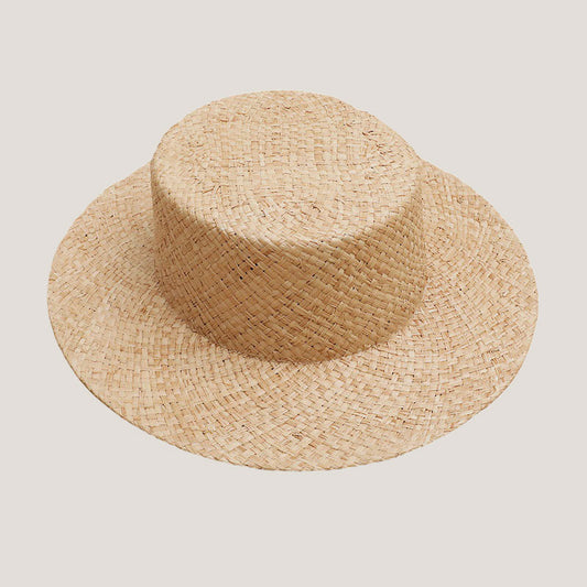 Unisex Flat-Brim Raffia Woven Flat Top Straw Hat