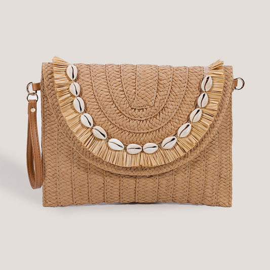 Shell-shaped Raffia Straw Clutch Envelope Bag