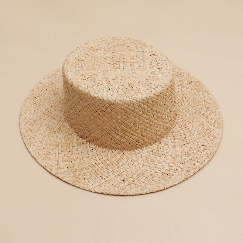 Unisex Flat-Brim Raffia Woven Flat Top Straw Hat