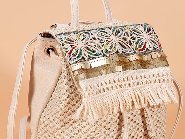 Grass Weave Tassel Sequin Mini Bucket Backpack