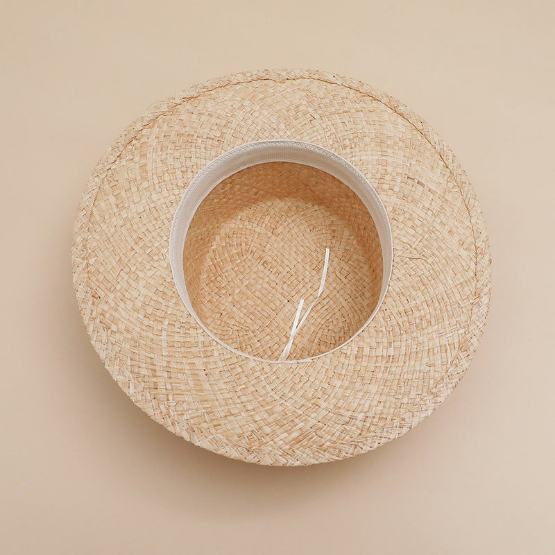 Unisex Flat-Brim Raffia Woven Flat Top Straw Hat