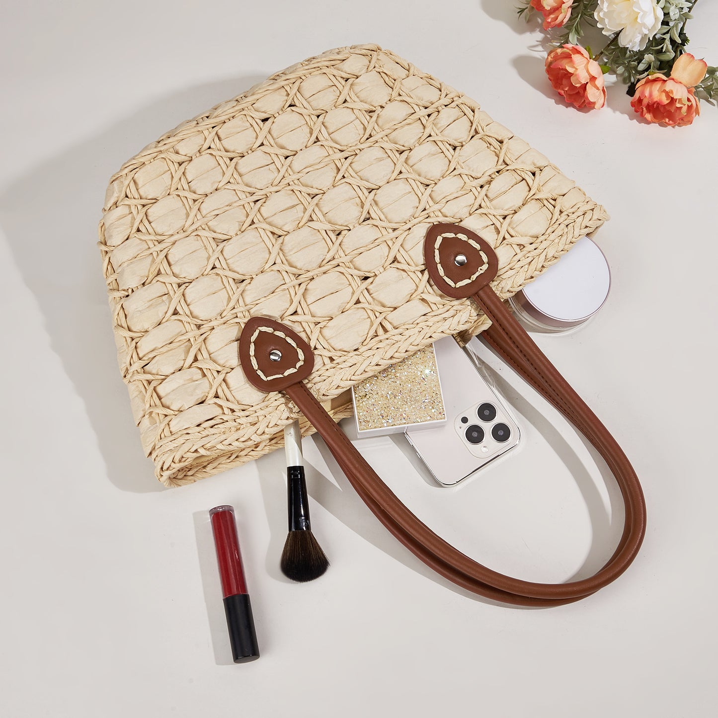 Diamond-Pattern Handheld Straw Woven Bag